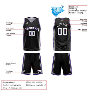 Traje de baloncesto reversible personalizado en negro-blanco y morado para adultos y niños