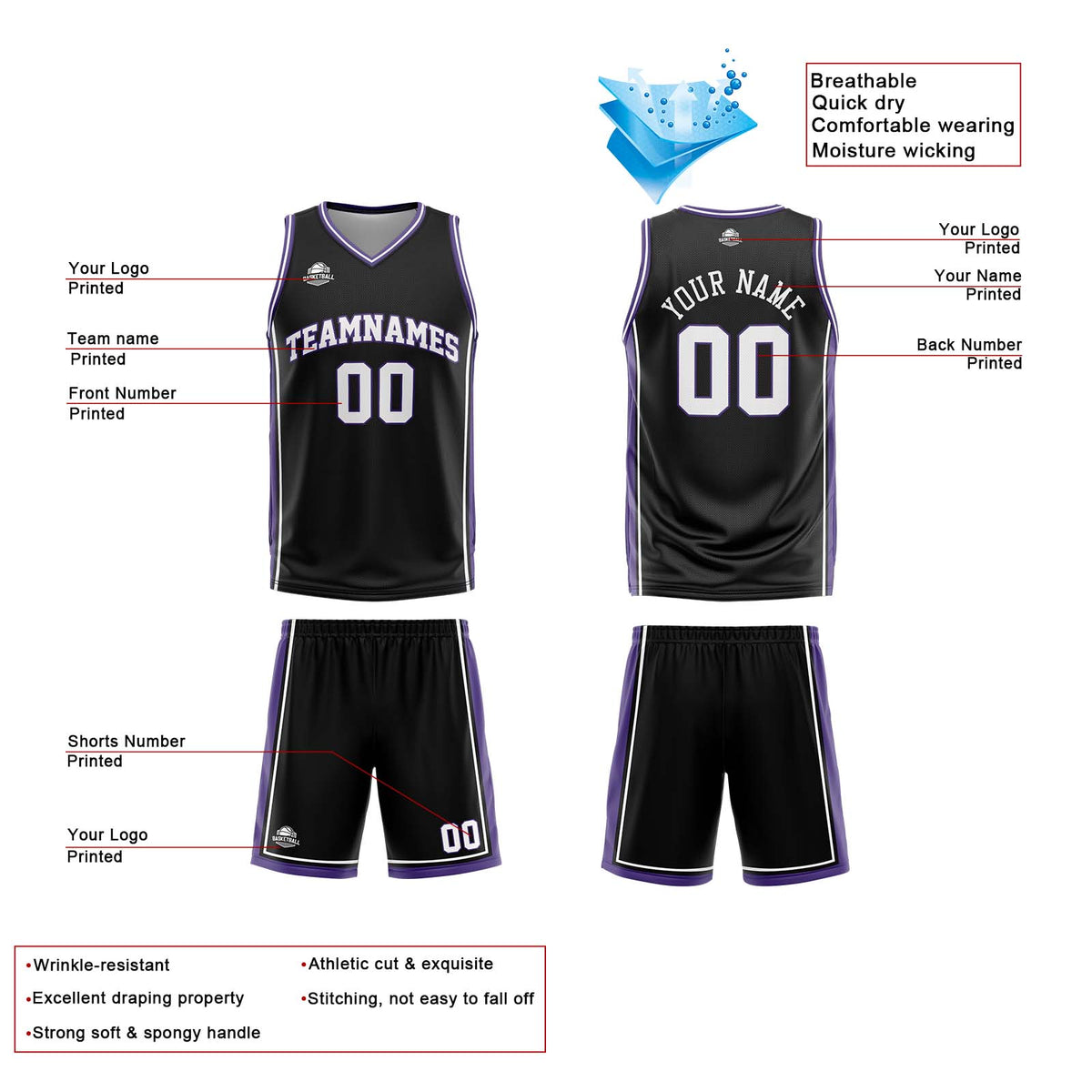 Traje de baloncesto reversible personalizado en negro-blanco y morado para adultos y niños