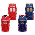 Traje de baloncesto reversible personalizado rojo-azul marino y dorado para adultos y niños