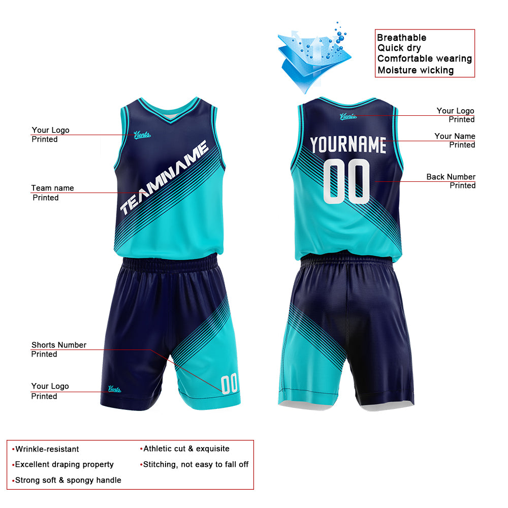 Uniforme de baloncesto personalizado azul marino-verde azulado y azul real con su logotipo-nombre y número impresos