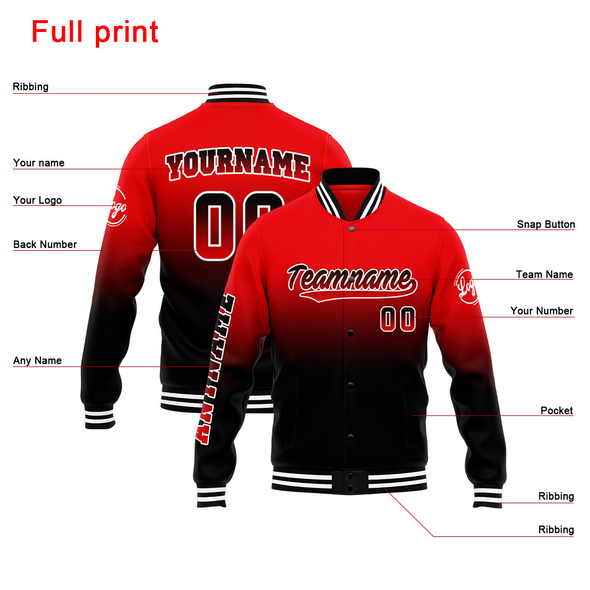 Chaqueta universitaria personalizada estilo Letterman para hombres-mujeres y jóvenes-color rojo y negro