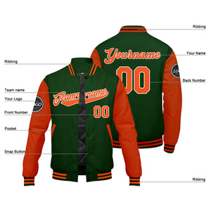 Chaqueta universitaria personalizada estilo Letterman para hombres-mujeres y jóvenes-color verde oscuro y naranja