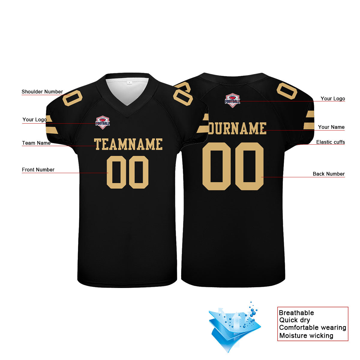 Camiseta de fútbol personalizada con nombre y número del equipo impresos en color negro
