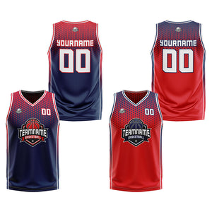 Traje de baloncesto reversible azul marino y rojo personalizado para adultos y niños
