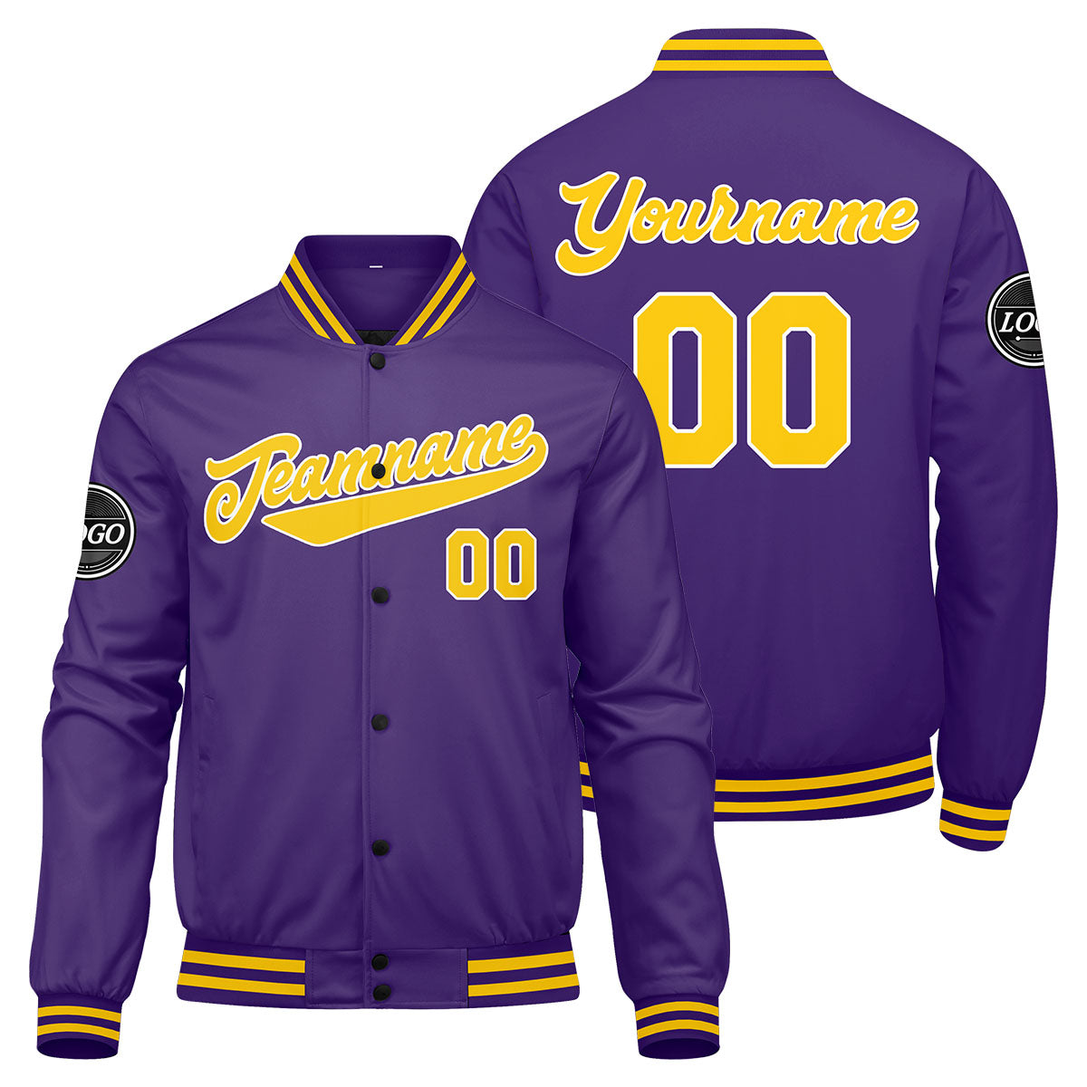 Chaqueta universitaria personalizada estilo Letterman para hombres-mujeres y jóvenes-color morado y amarillo