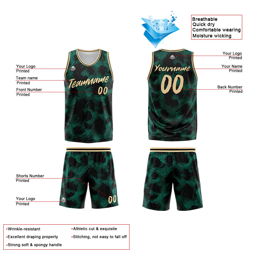 Uniforme de baloncesto personalizado con estampado de leopardo verde y logotipo impreso con tu nombre y número