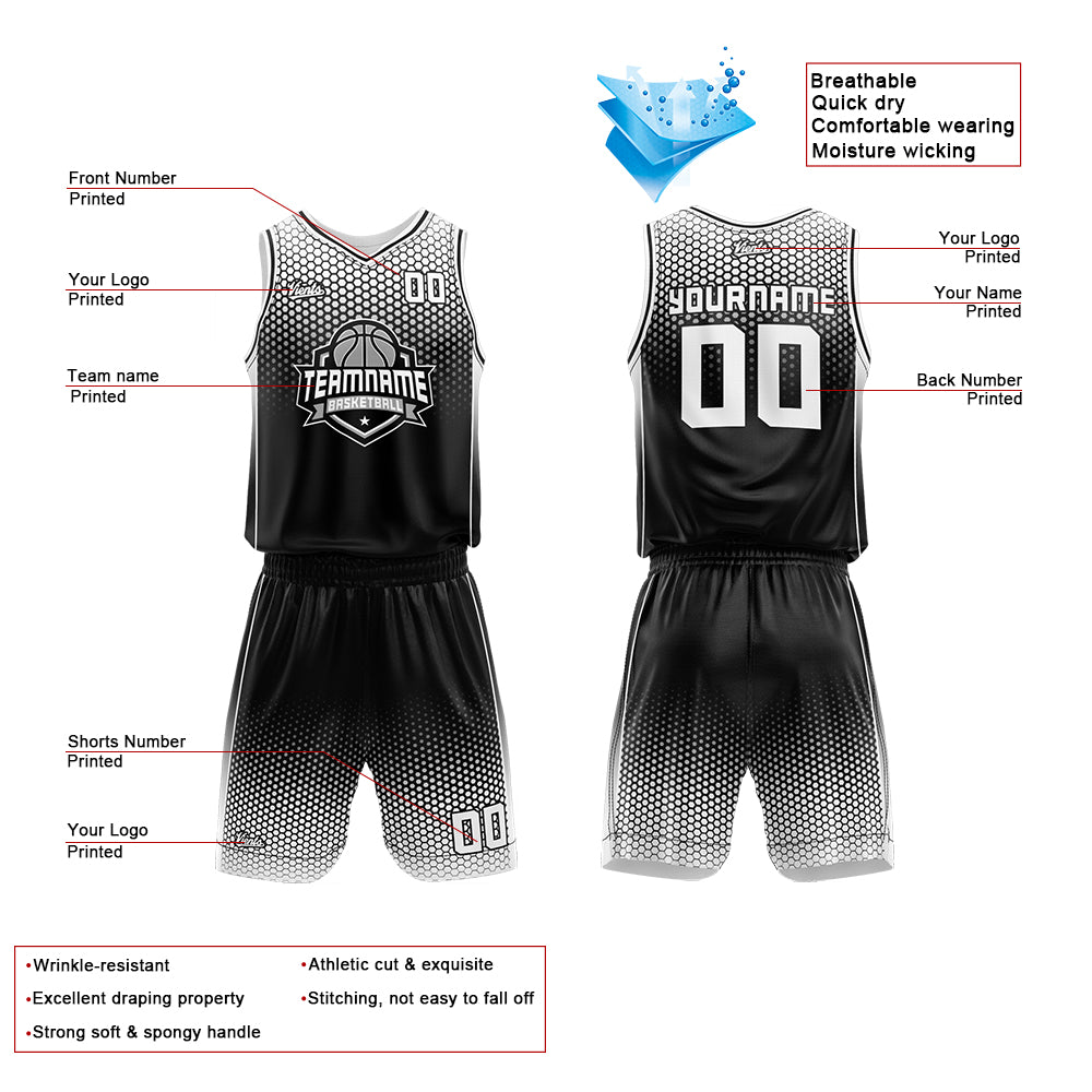 Uniforme de baloncesto personalizado en blanco y negro con tu logotipo-nombre y número impresos