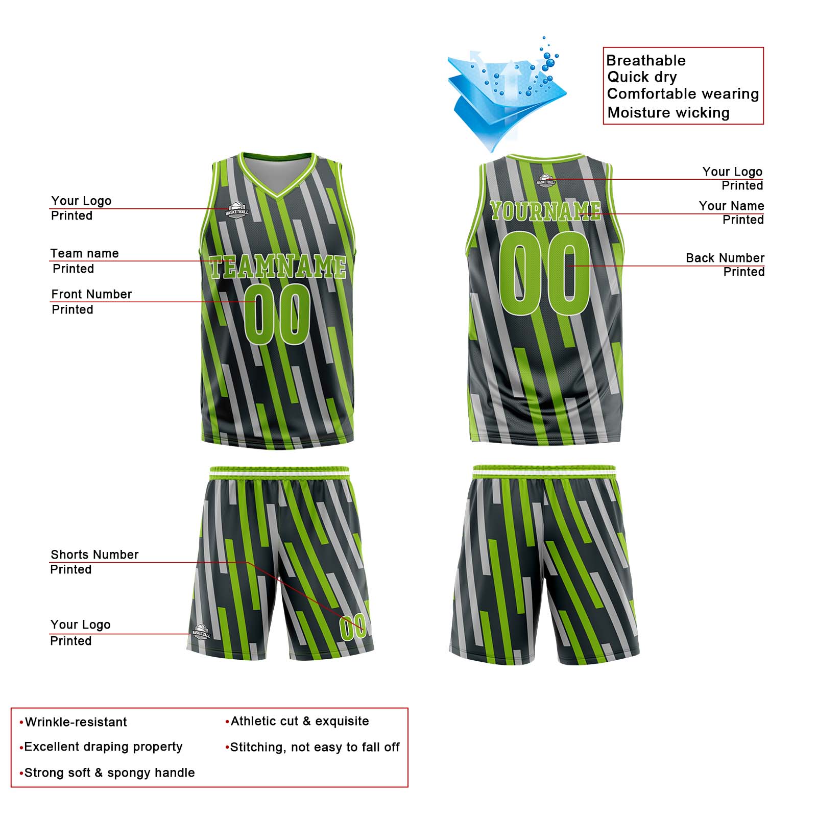 Camiseta de baloncesto personalizada con barra vertical verde gris-uniforme impreso con su logotipo-nombre y número