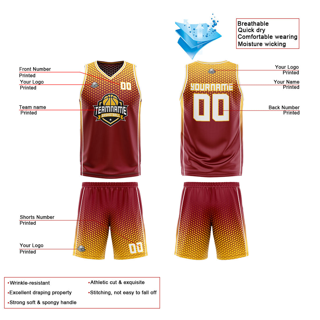 Traje de baloncesto reversible personalizado de color amarillo carmesí para adultos y niños