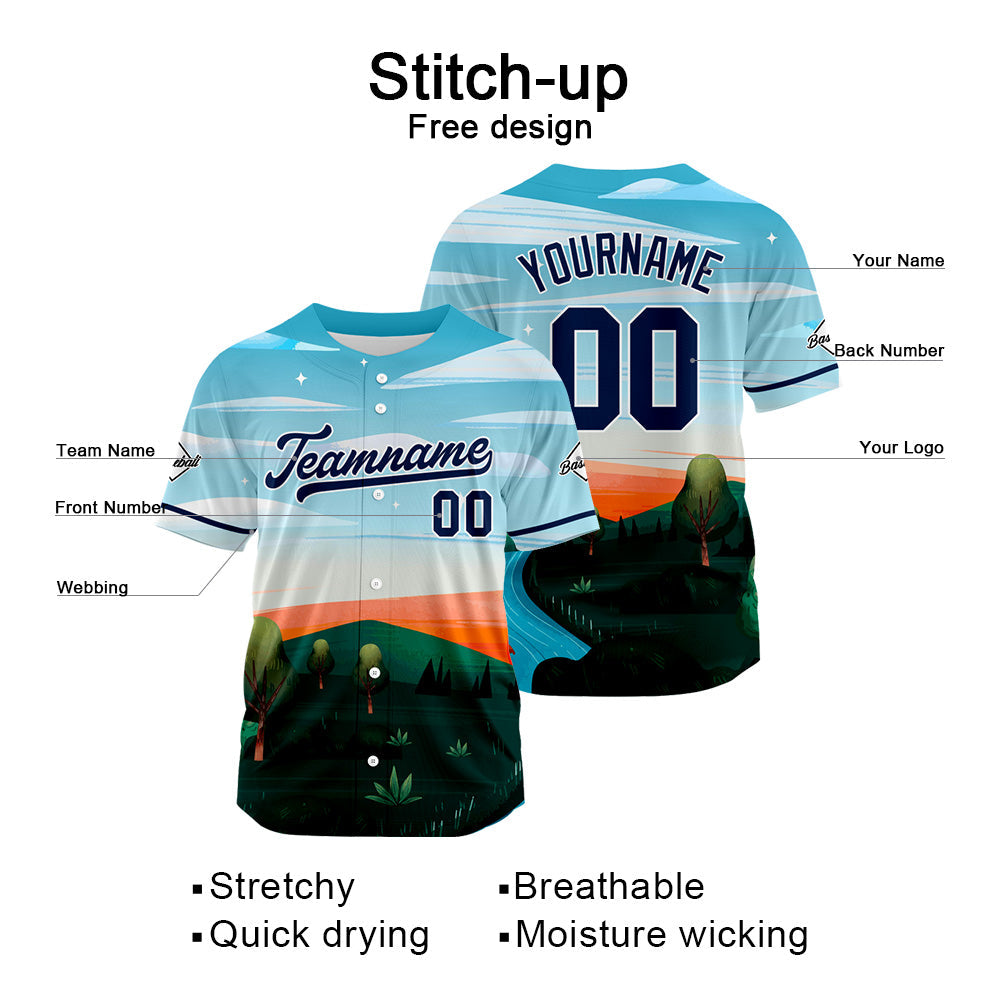 Camiseta de béisbol con dise?o personalizado estampado completo en azul claro negro y naranja