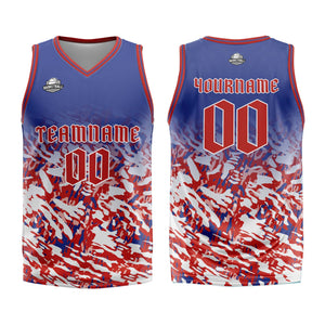 Uniforme de baloncesto personalizado azul-rojo y blanco con tu logotipo-nombre y número impresos