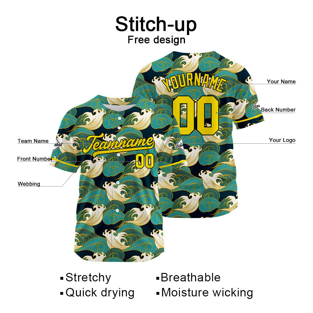 Camiseta de béisbol con dise?o personalizado estampado a todo color verde y amarillo