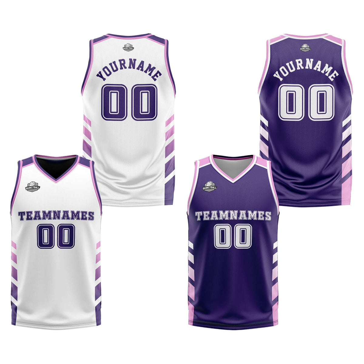 Traje de baloncesto reversible personalizado blanco-morado y rosa para adultos y niños