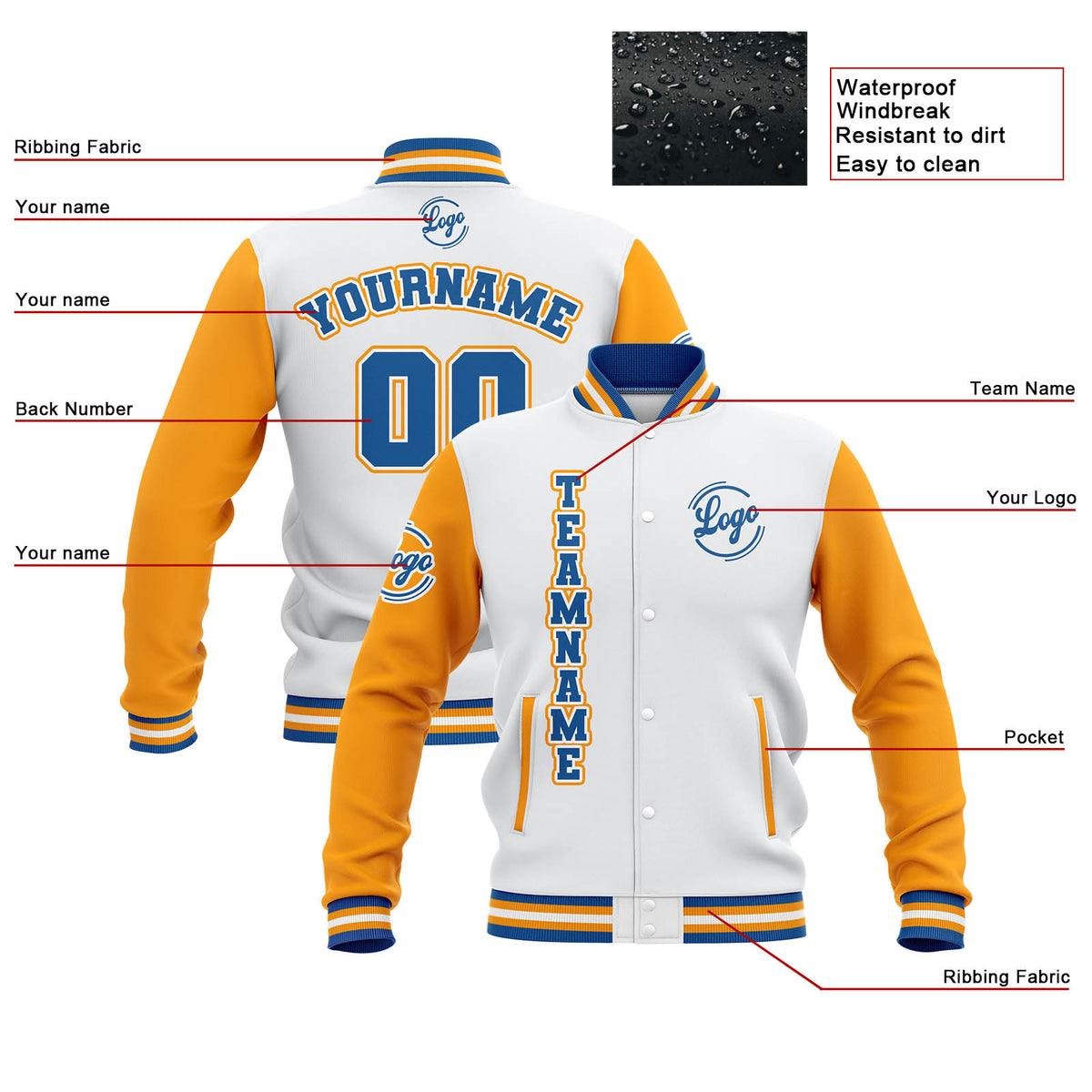 Chaquetas universitarias impermeables personalizadas en blanco-amarillo y azul con nombre-número y logotipo bordados