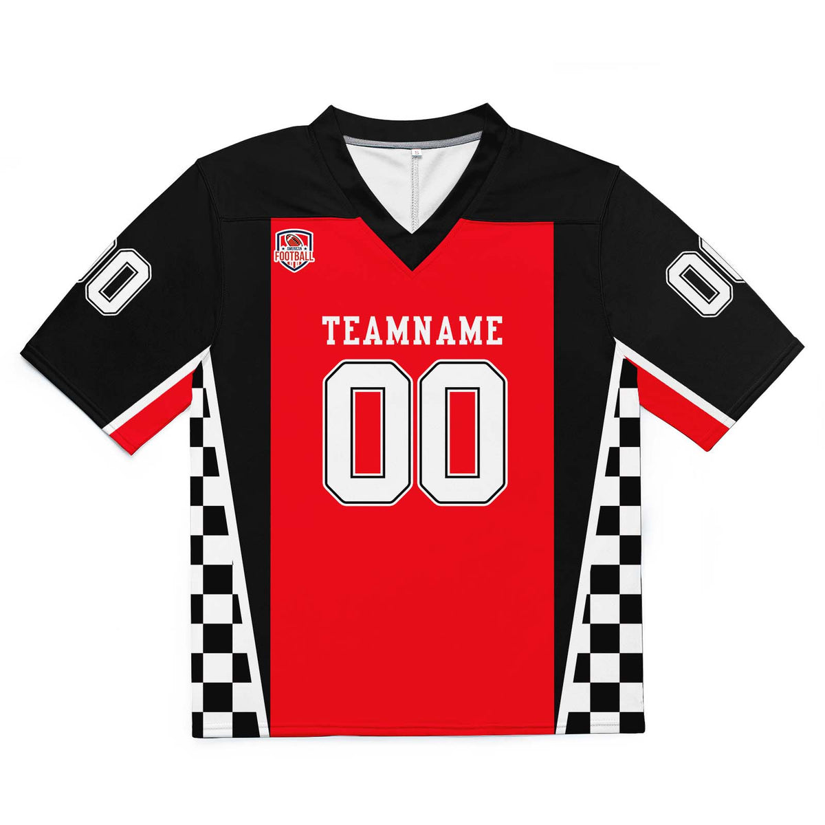 Camiseta de fútbol personalizada con nombre y número del equipo impresos y bordados-en rojo-negro y blanco