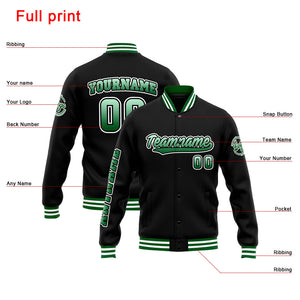Chaqueta universitaria personalizada estilo Letterman para hombres-mujeres y jóvenes en verde-negro y blanco