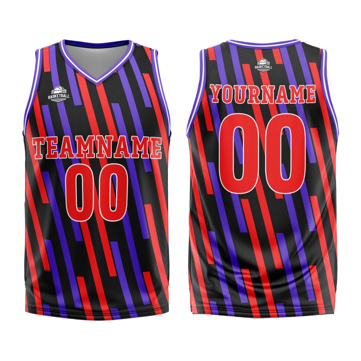 Camiseta de baloncesto personalizada con barra vertical roja y morada-uniforme impreso con su logotipo-nombre y número
