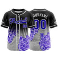 Camiseta de béisbol personalizada negra y morada con botones para hombre mujer adulto y joven con nombre número y logotipo impresos