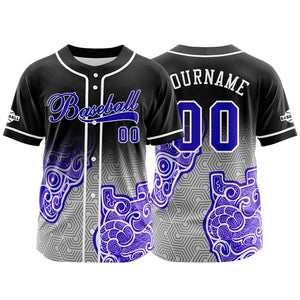 Camiseta de béisbol personalizada negra y morada con botones para hombre mujer adulto y joven con nombre número y logotipo impresos
