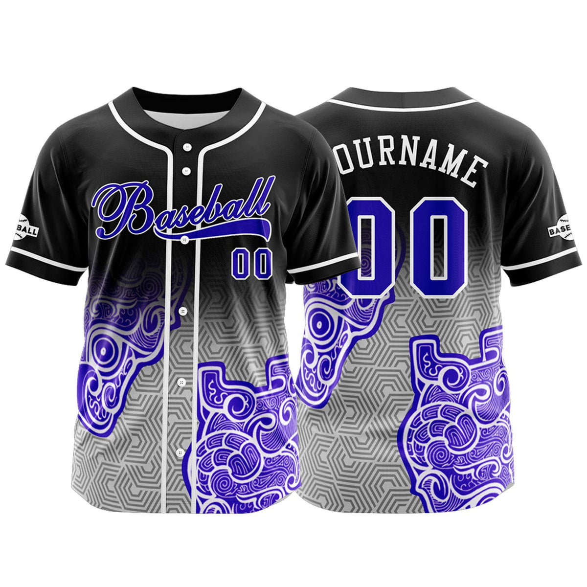 Camiseta de béisbol personalizada negra y morada con botones para hombre mujer adulto y joven con nombre número y logotipo impresos