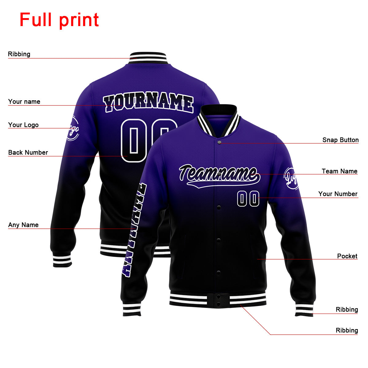 Chaqueta universitaria personalizada estilo Letterman para hombres-mujeres y jóvenes-color morado y negro