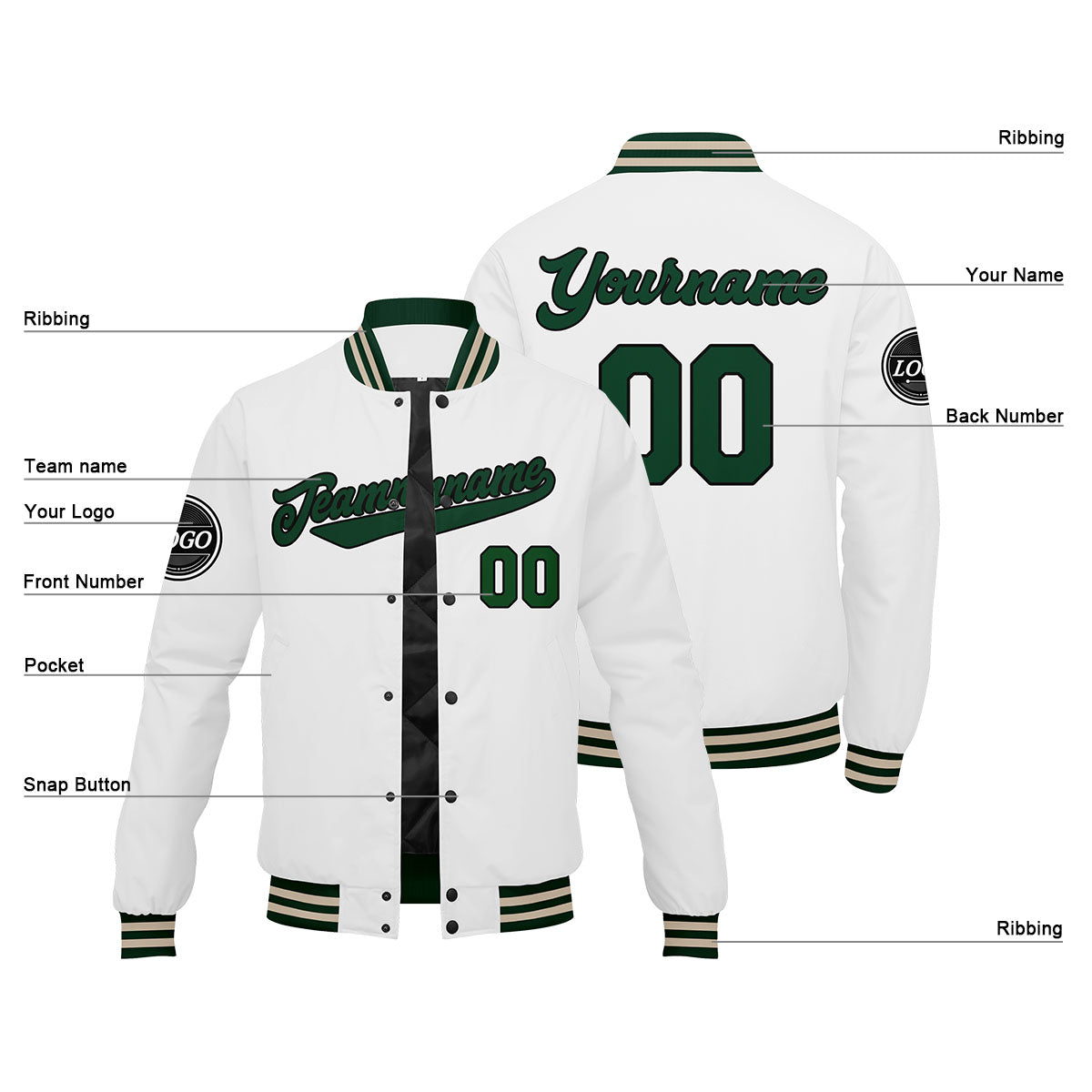 Chaqueta universitaria personalizada estilo Letterman para hombres-mujeres y jóvenes-color verde oscuro-blanco y crema