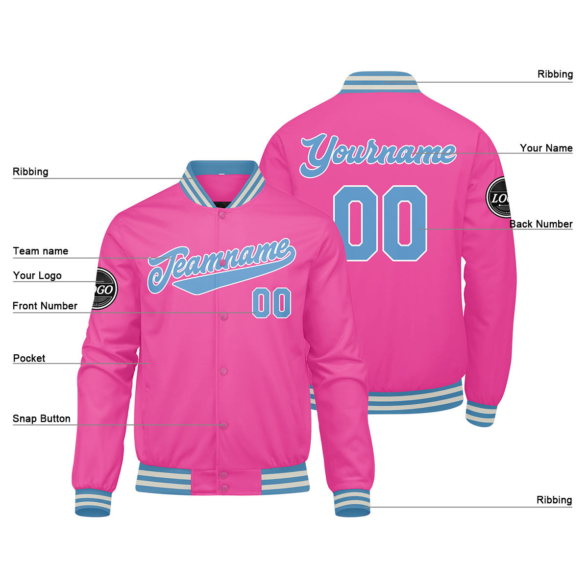 Chaqueta universitaria personalizada estilo Letterman para hombres-mujeres y jóvenes-color rosa y azul claro