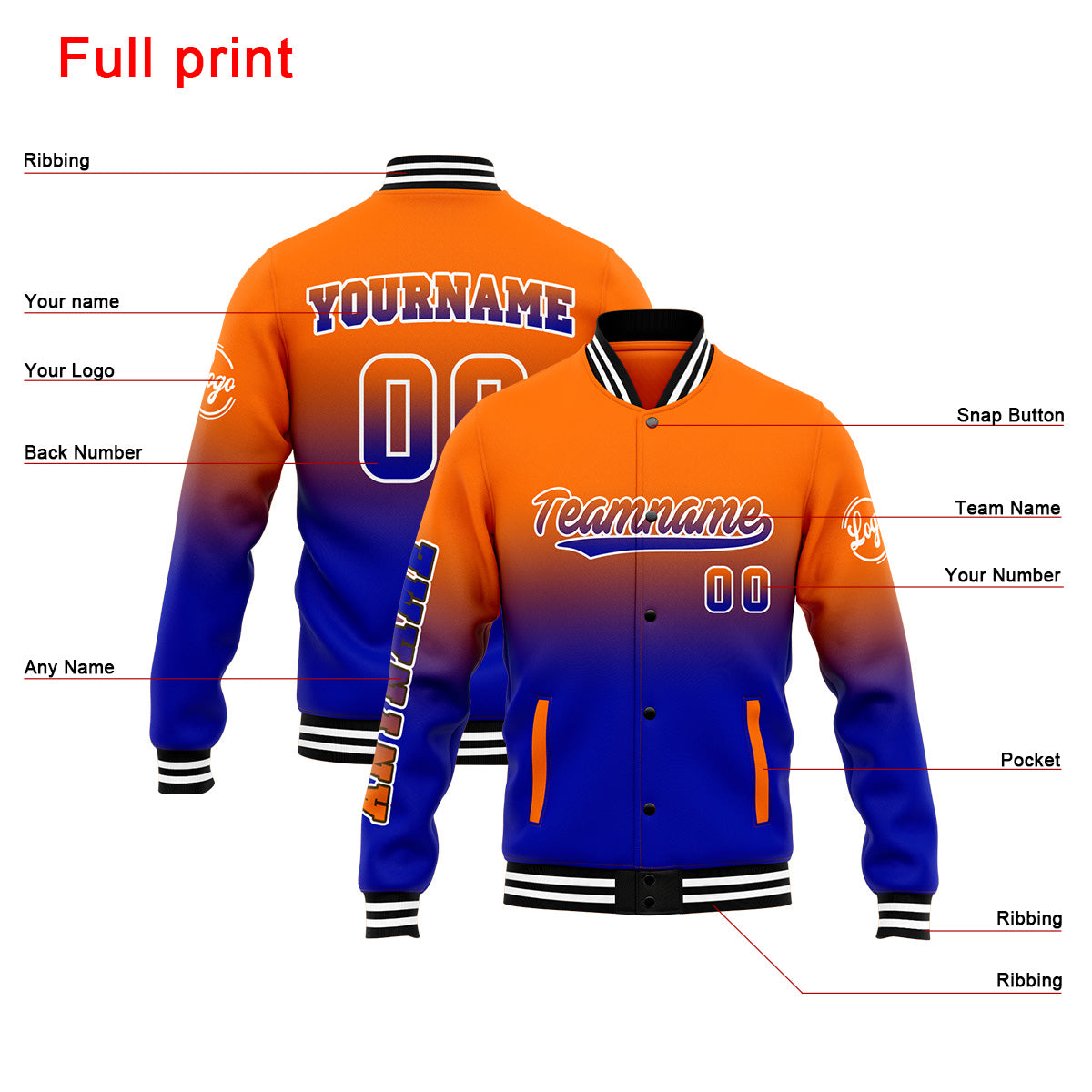 Chaqueta universitaria personalizada estilo Letterman para hombres-mujeres y jóvenes-color naranja y azul marino