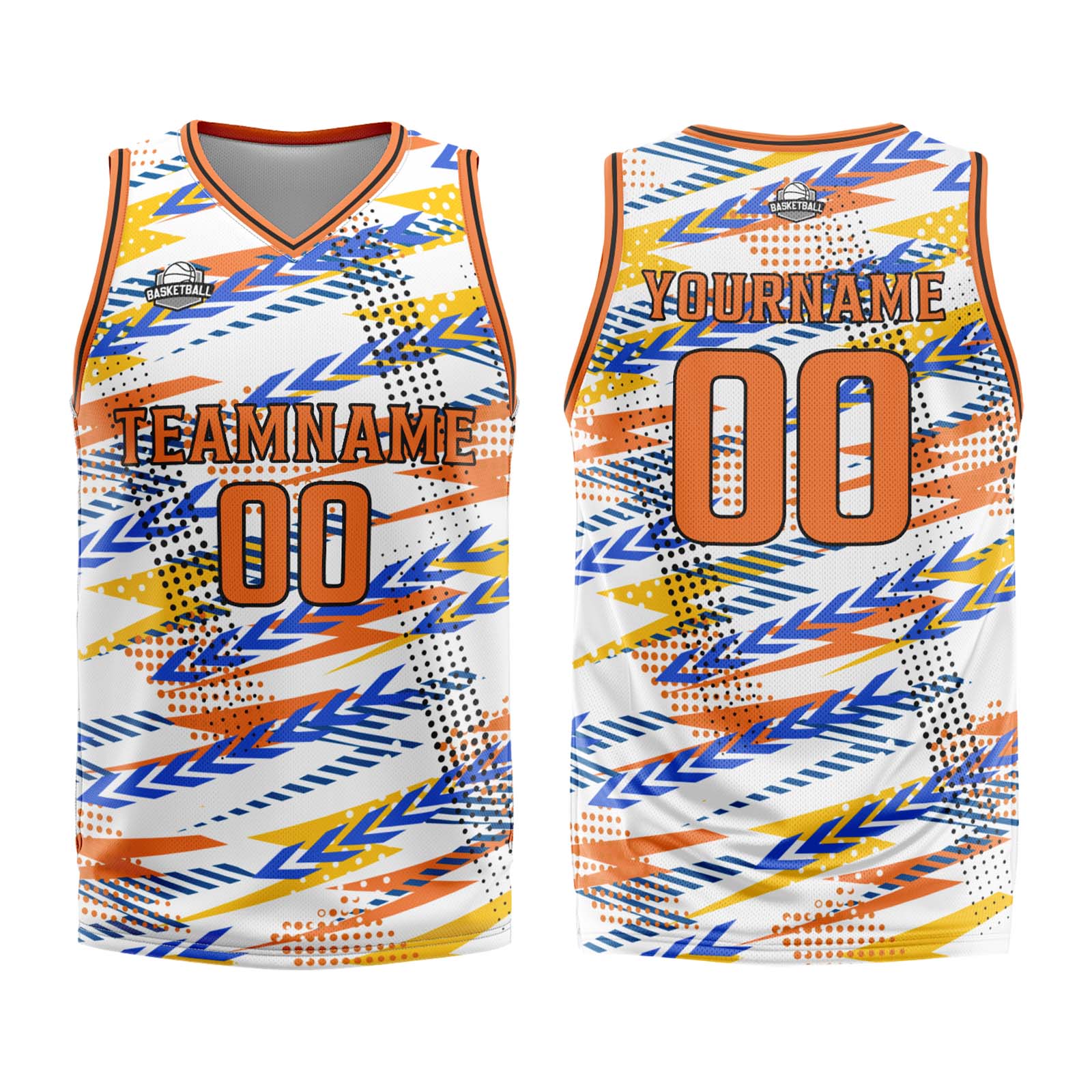 Uniforme de baloncesto personalizado blanco y naranja con tu logotipo-nombre y número impresos