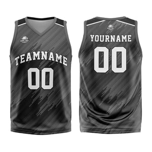 Uniforme de baloncesto gris tipo rayas personalizado con su logotipo-nombre y número impresos