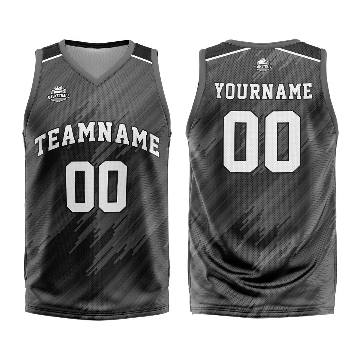Uniforme de baloncesto gris tipo rayas personalizado con su logotipo-nombre y número impresos