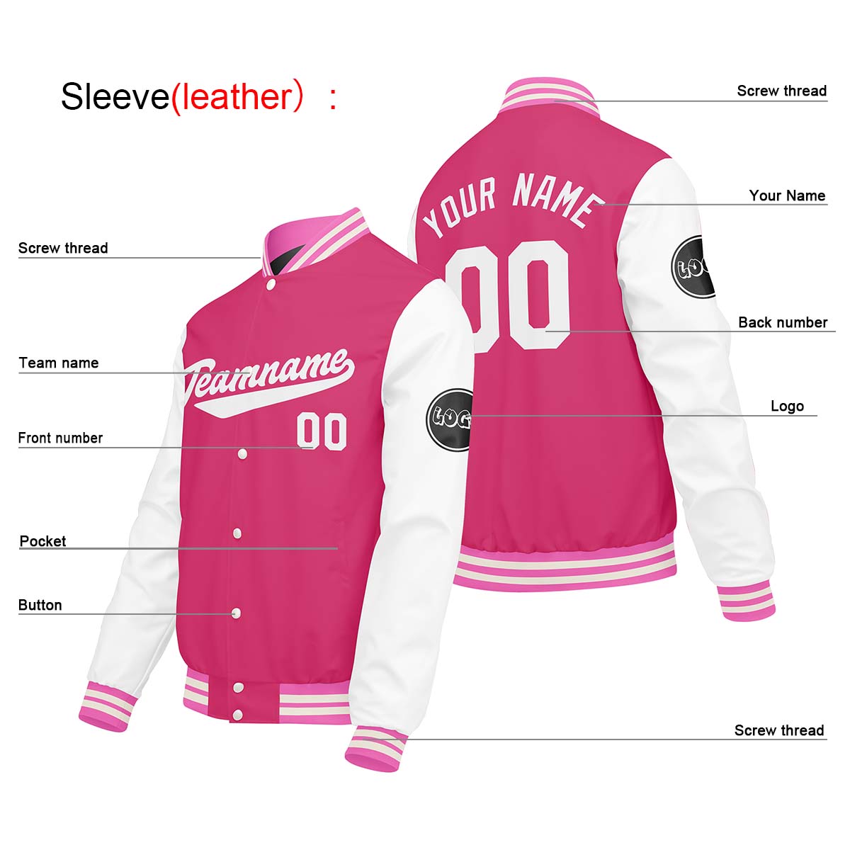 Chaquetas universitarias personalizadas en rosa y blanco para hombres & mujeres y jóvenes & Chaquetas Letterman personalizadas