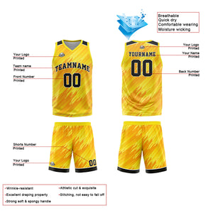 Uniforme de baloncesto amarillo personalizado tipo rayas con su logotipo-nombre y número impresos