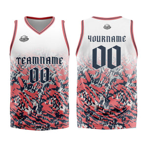 Uniforme de baloncesto personalizado en blanco-rosa y azul marino con tu logotipo-nombre y número impresos