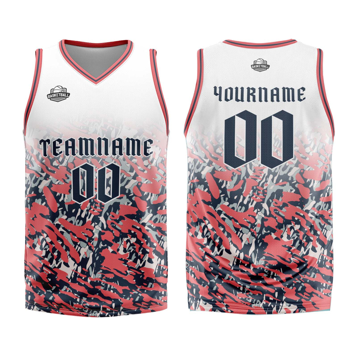 Uniforme de baloncesto personalizado en blanco-rosa y azul marino con tu logotipo-nombre y número impresos