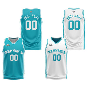 Traje de baloncesto reversible personalizado en cian y blanco para adultos y niños