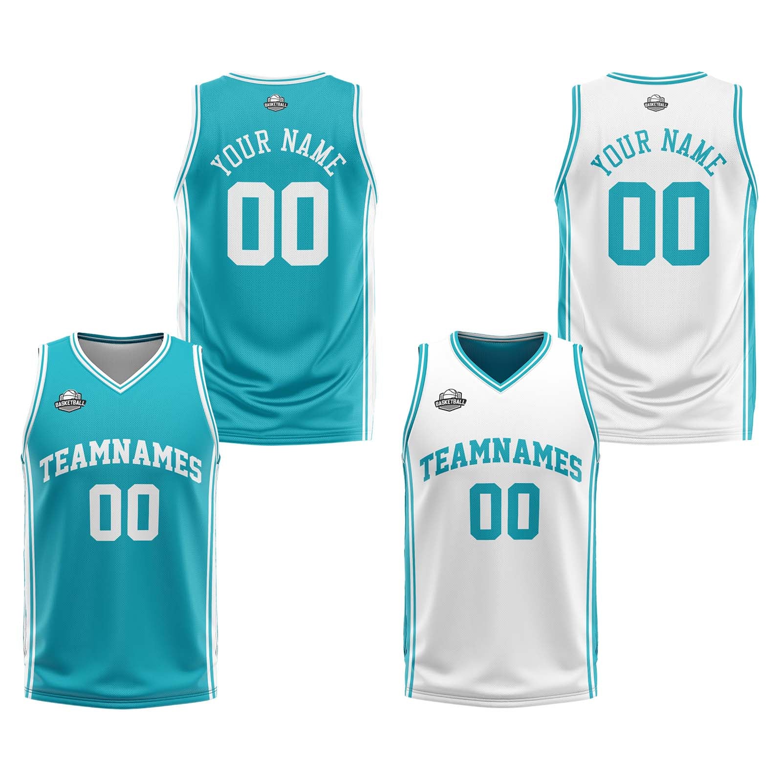 Traje de baloncesto reversible personalizado en cian y blanco para adultos y niños