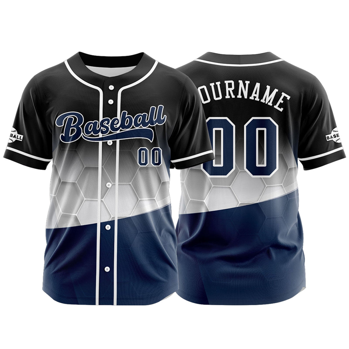 Camiseta de béisbol personalizada negra y azul con botones para hombre mujer adulto y joven Estampado de nombre número y logotipo