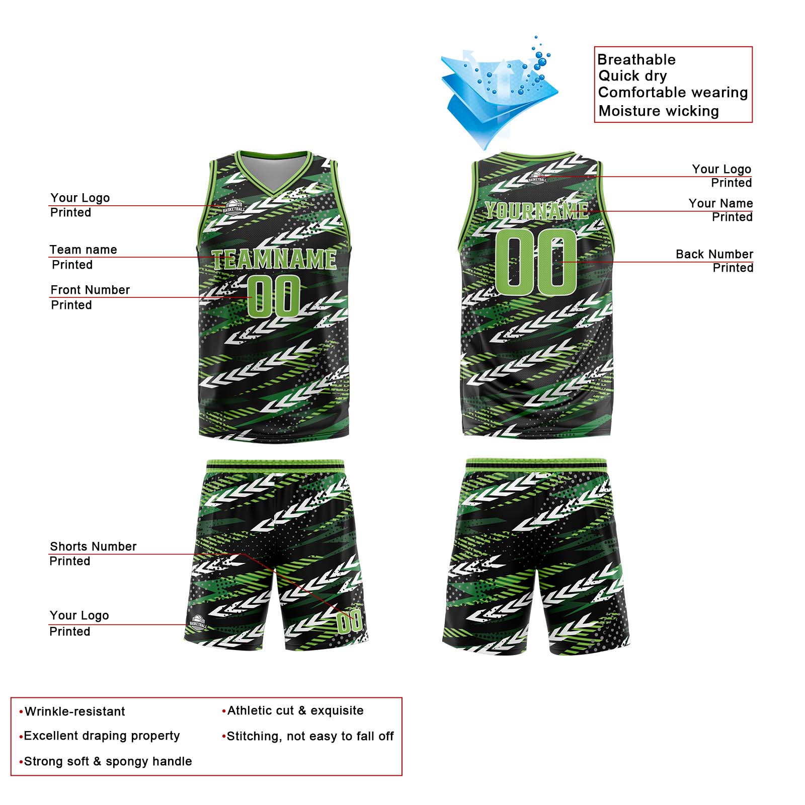 Uniforme de baloncesto personalizado en negro y verde con tu logotipo-nombre y número impresos