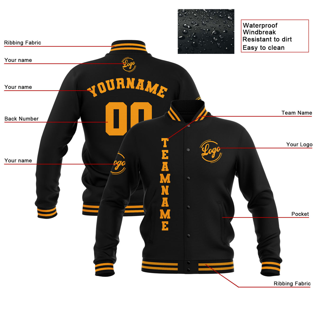 Chaquetas universitarias impermeables negras y amarillas personalizadas con nombre-número y logotipo bordados a medida