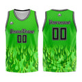 Uniforme de baloncesto personalizado con diseño de llama verde impreso con tu logotipo-nombre y número