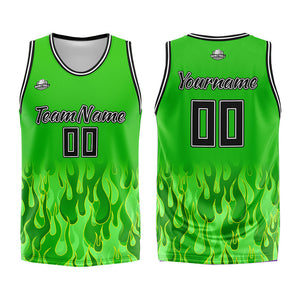 Uniforme de baloncesto personalizado con diseño de llama verde impreso con tu logotipo-nombre y número