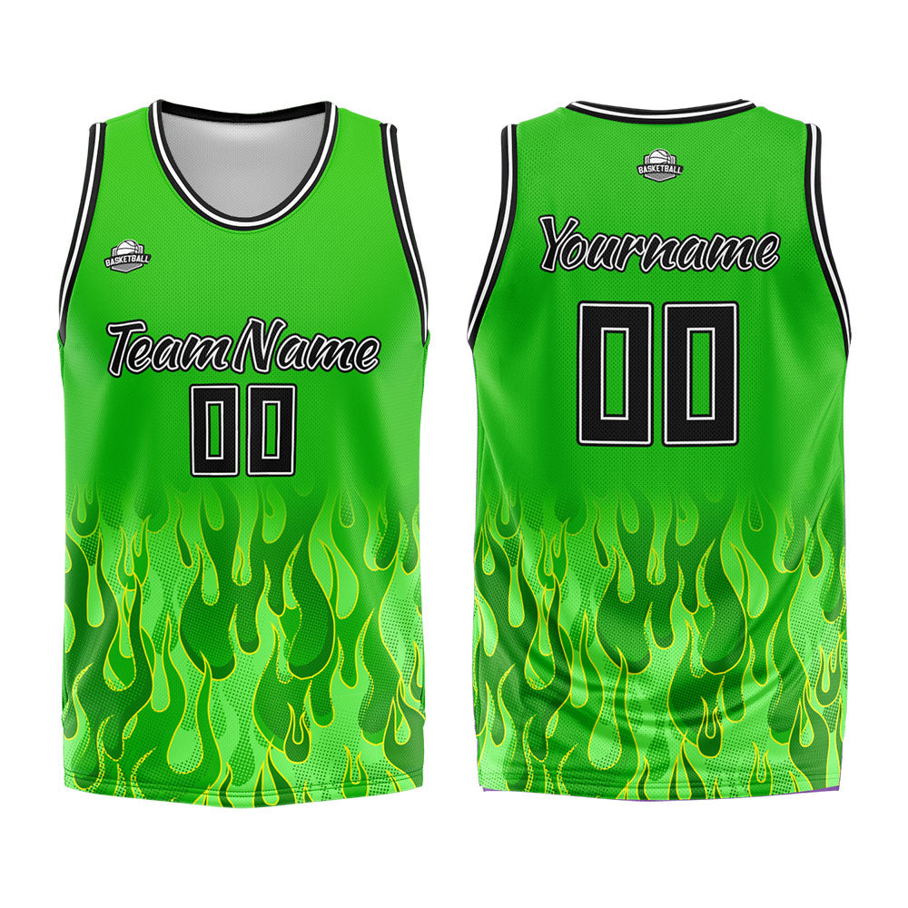 Uniforme de baloncesto personalizado con diseño de llama verde impreso con tu logotipo-nombre y número