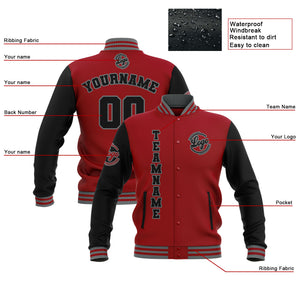Chaquetas universitarias impermeables personalizadas en negro-rojo y gris con nombre-número y logotipo bordados