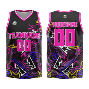 Uniforme de baloncesto rosa con geometría dañada personalizada-estampado con tu logotipo-nombre y número