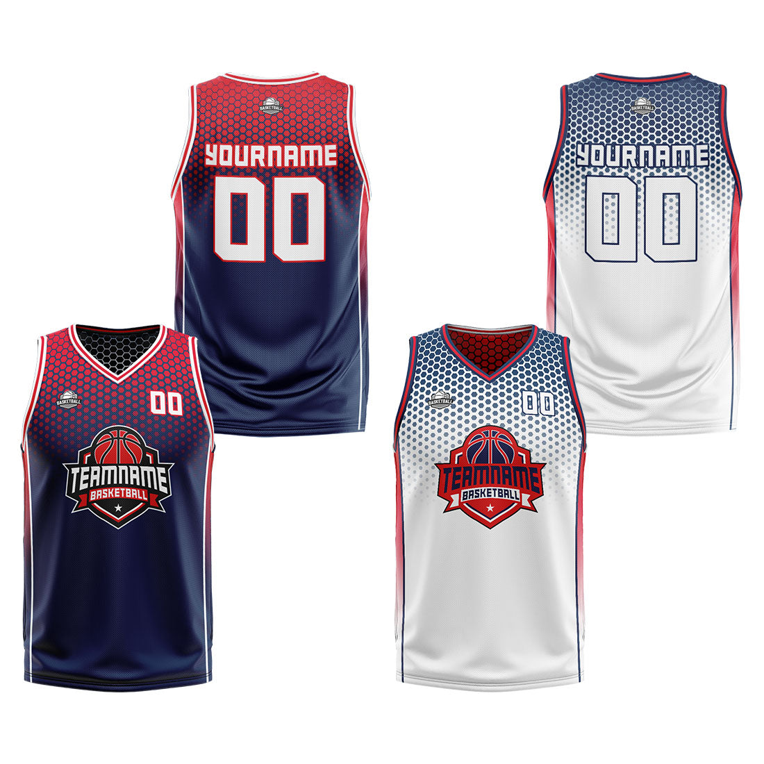 Traje de baloncesto reversible azul marino-rojo y blanco personalizado para adultos y niños