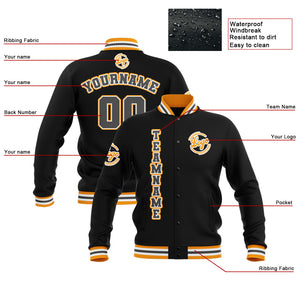 Chaquetas universitarias impermeables personalizadas en negro-amarillo y gris con nombre-número y logotipo bordados