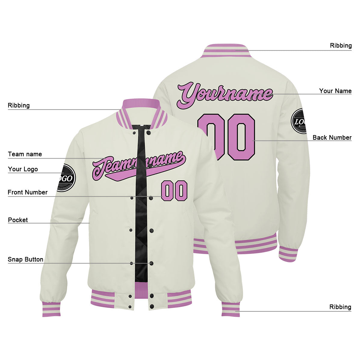 Chaqueta universitaria personalizada estilo Letterman para hombres-mujeres y jóvenes-color crema y rosa