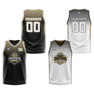 Traje de baloncesto reversible negro-dorado y blanco personalizado para adultos y niños