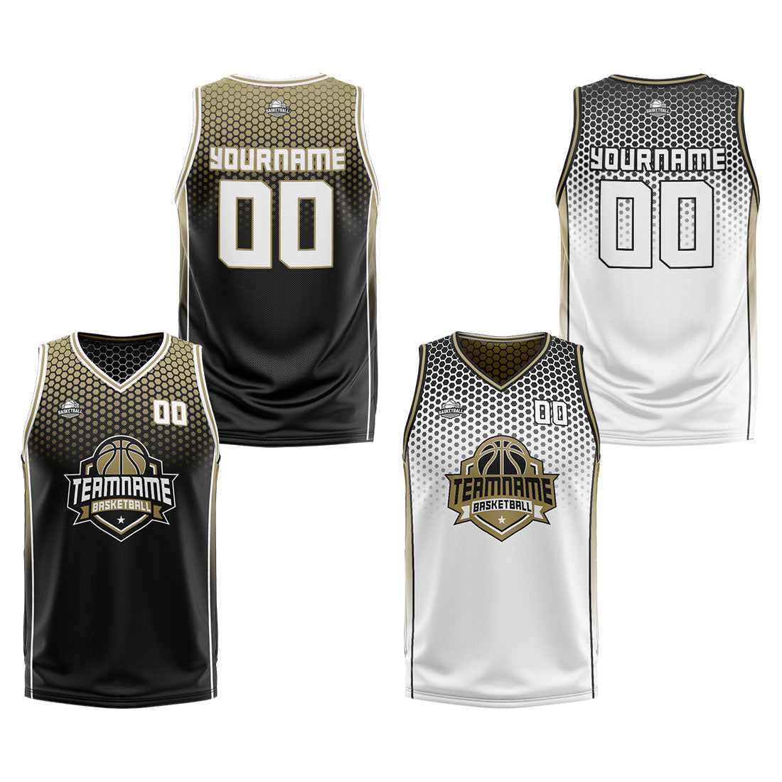 Traje de baloncesto reversible negro-dorado y blanco personalizado para adultos y niños